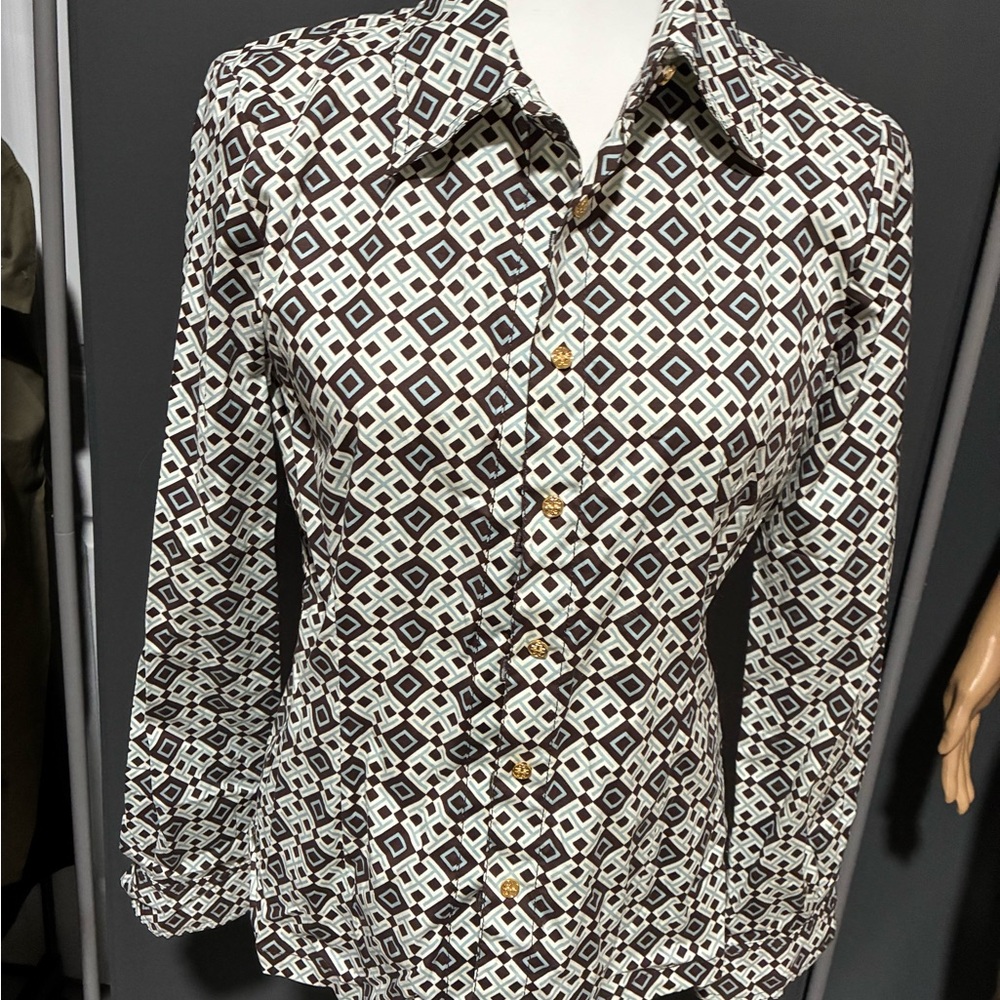 Tory Burch Geometric Button Down Shirt - Brown and White